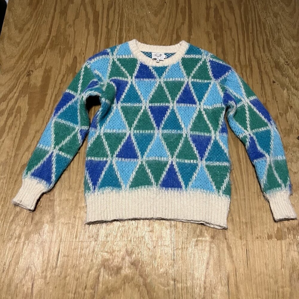 Lili Sidonio Womens Two Tone Arty Urban Pop Pullover Sweater Blue Green Size XS